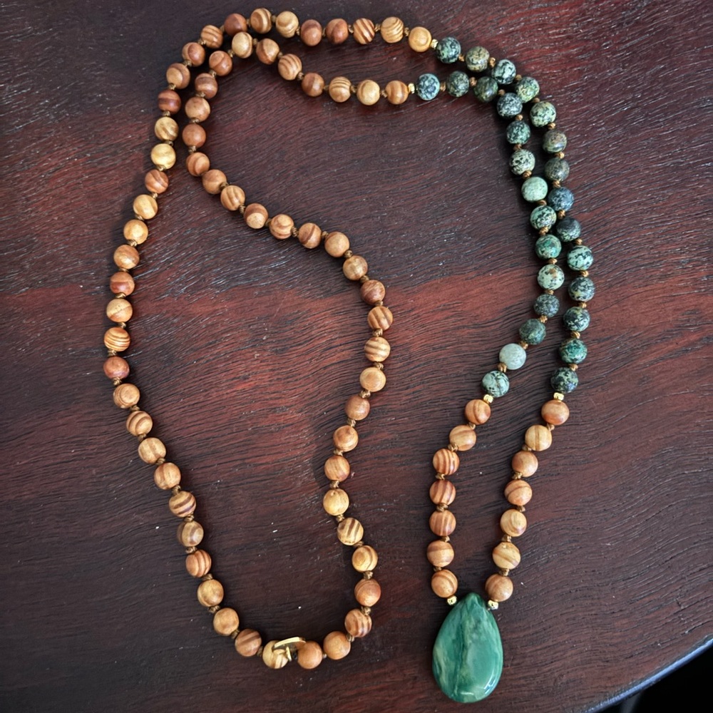Mala Prayer Jade and Sandalwood necklace